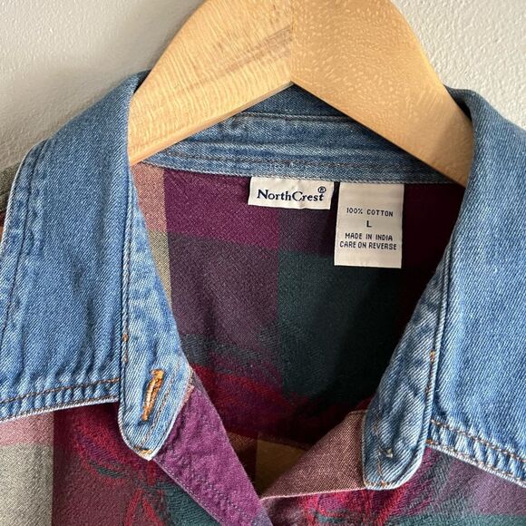Vintage NorthCrest Plaid Flannel Shirt Denim Collar Multicolor 90s Grunge M-L - Picture 2 of 5
